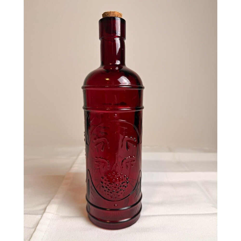 Red Glass Decorative Bottle w/ Cork Stopper, Embossed Design